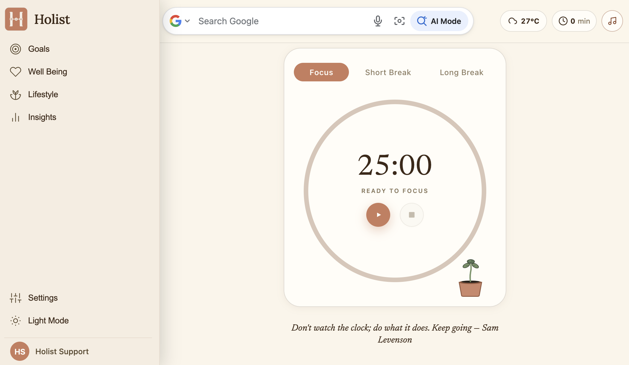 Holist new tab with a focus timer, session controls, and a daily quote